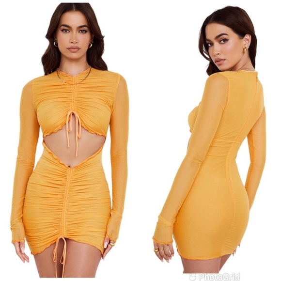 House Of CB 'Jeanelle' Orange Ruched Mesh Long Sleeve Cutout Mini Dress - Picture 2 of 6